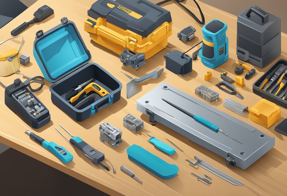 Fiber optic cable splicing tools and equipment arranged on a clean workbench. Soldering iron, cleaver, fusion splicer, and protective gear visible