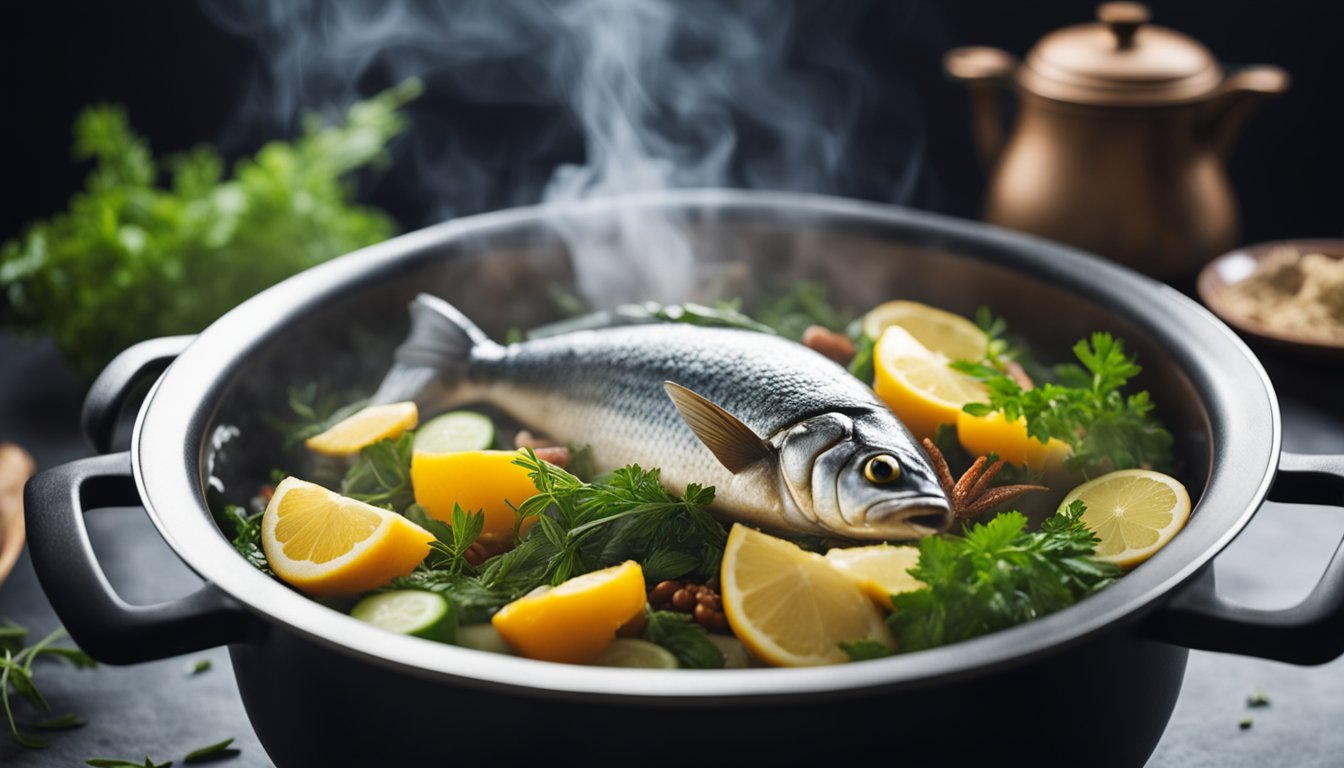 A steaming pot with fish inside, surrounded by aromatic herbs and spices, steam rising from the pot