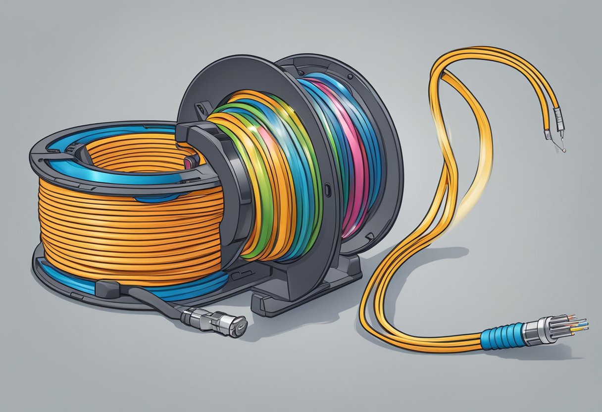 A spool of fiber optic cable unravels to its maximum length, revealing the intricate design of the cable's inner components