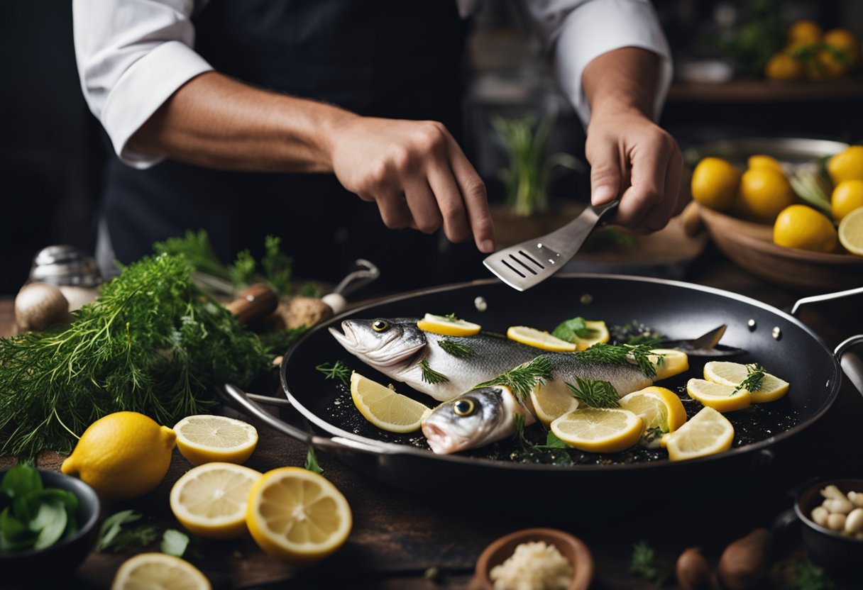 A chef seasons and grills a fresh bhetki fish with herbs and lemon, surrounded by various cooking utensils and ingredients