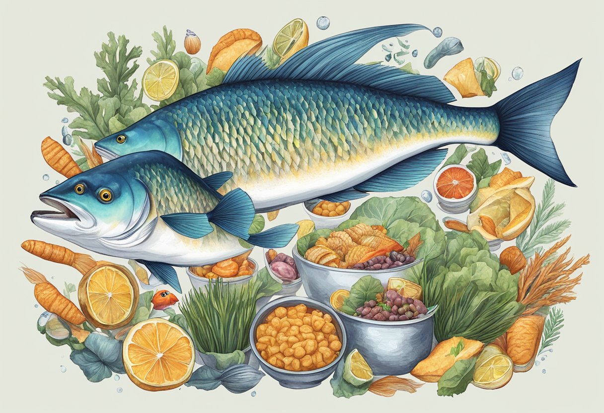 A large fish and a small fish swimming together, surrounded by various types of food and menu items