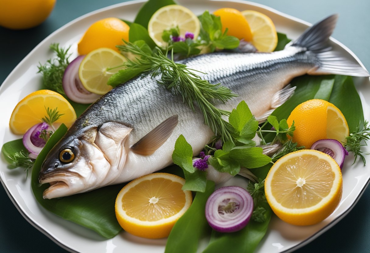 A platter of bhetki fish, adorned with vibrant herbs and citrus slices, emanating a tantalizing aroma