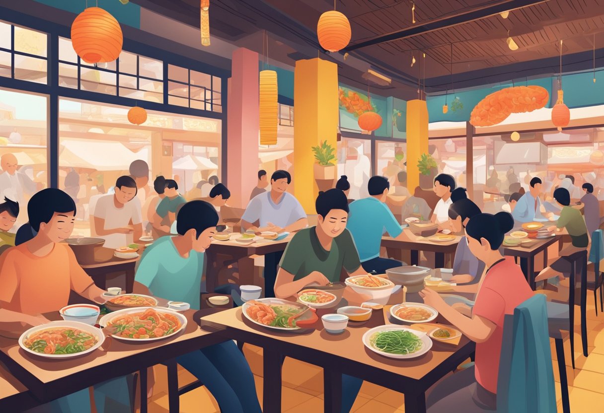 Customers savoring steaming bowls of prawn noodles at a bustling restaurant, surrounded by colorful decor and the aroma of savory broth