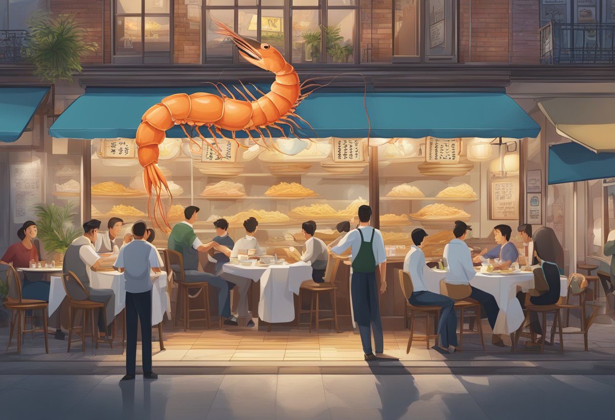 A bustling restaurant with a large sign of a prawn above the entrance, surrounded by steaming bowls of noodles and busy waitstaff