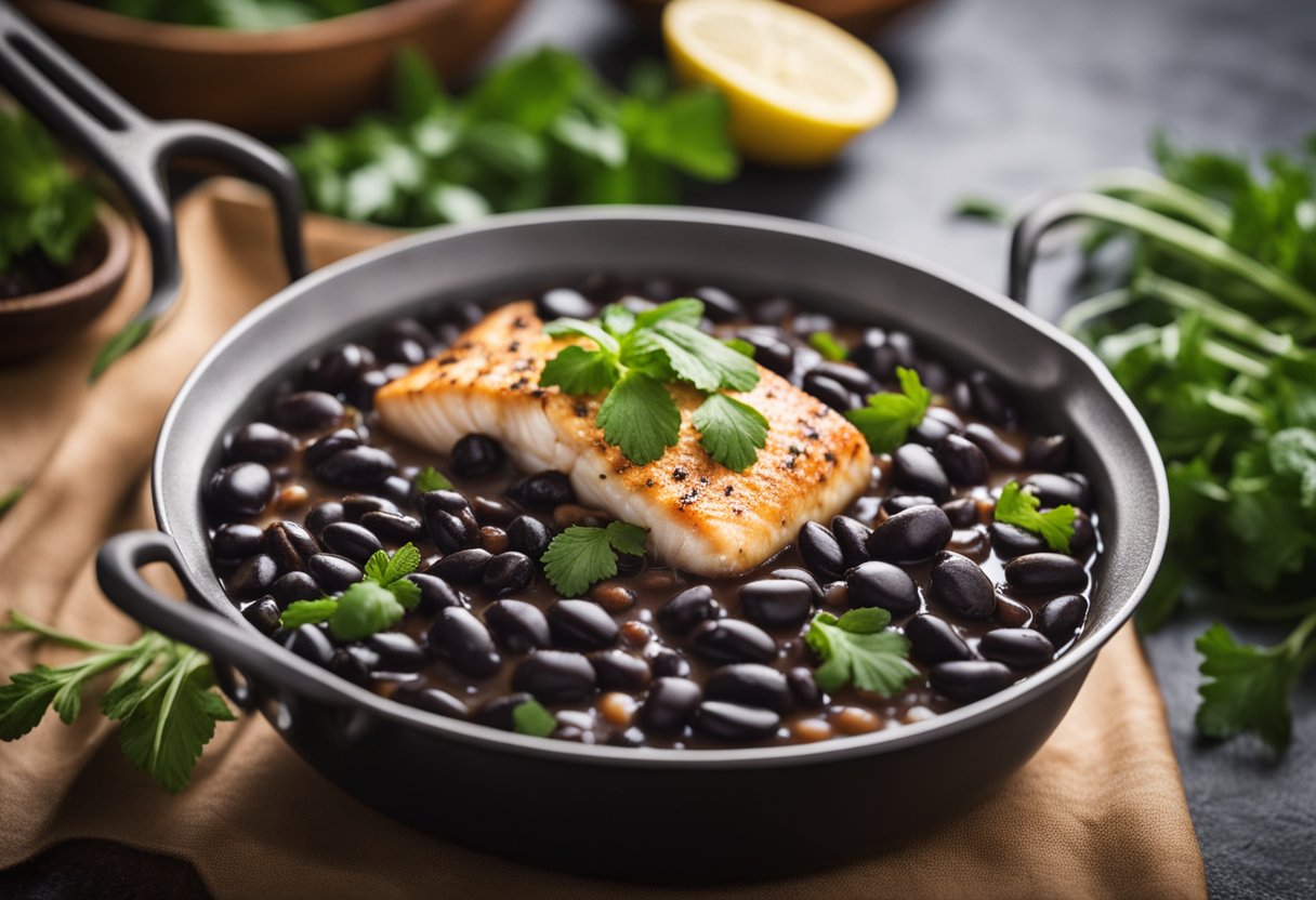 Black beans and fish simmer in a savory sauce, steam rising from the pan. A sprinkle of fresh herbs adds a pop of color