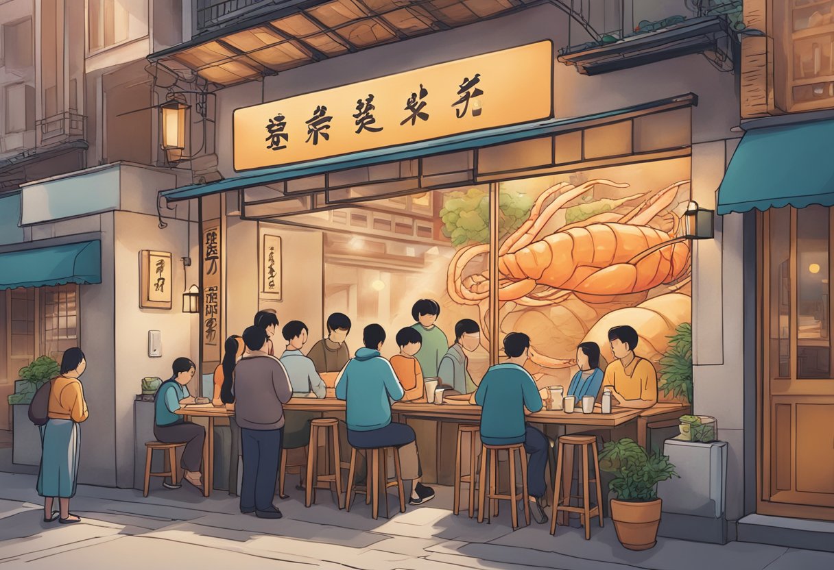 Customers line up outside a bustling noodle restaurant. A giant prawn sign hangs above the entrance. Steam rises from bowls of noodles on the tables