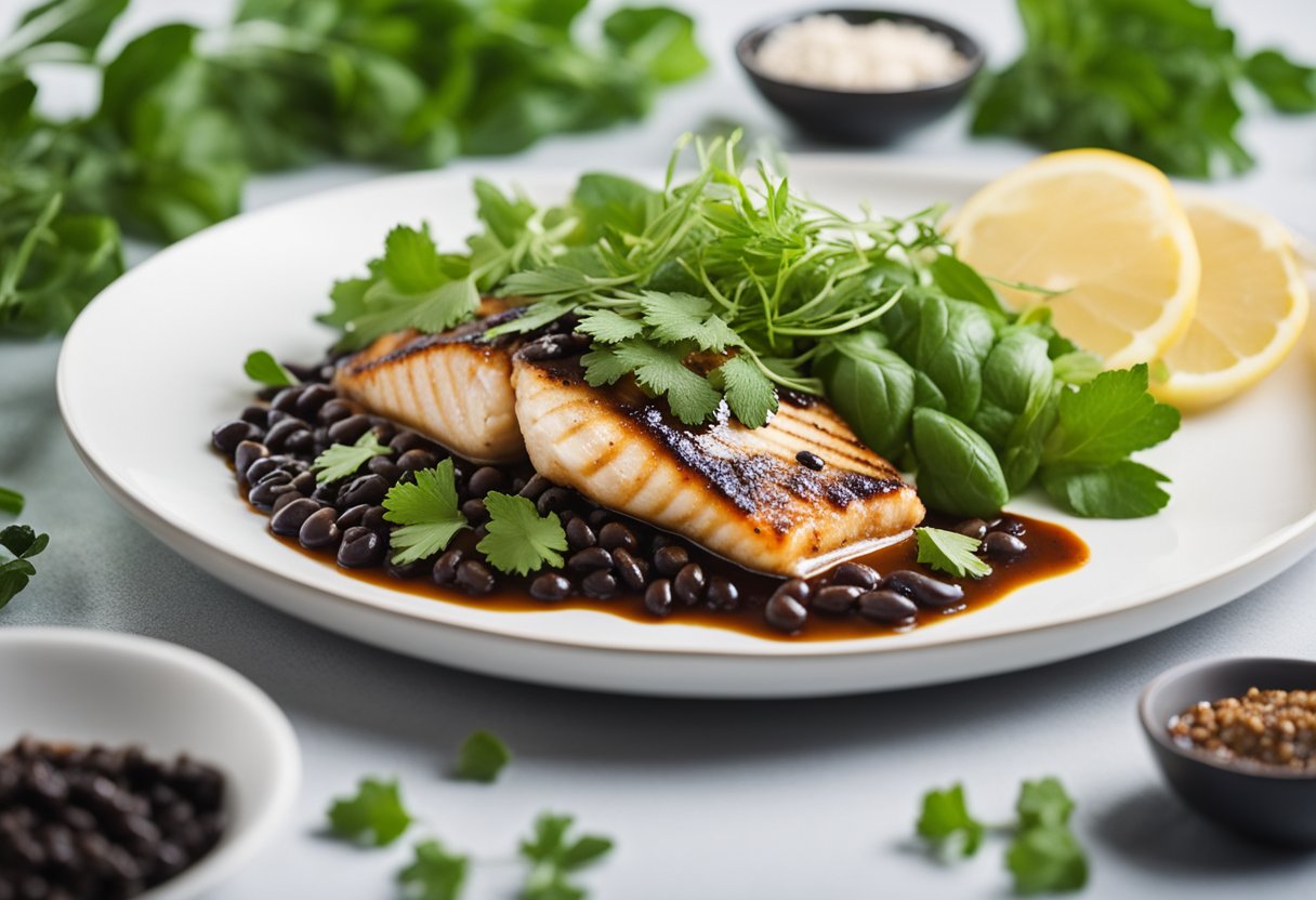 A plate with a cooked fish fillet topped with a savory black bean sauce, surrounded by fresh herbs and spices