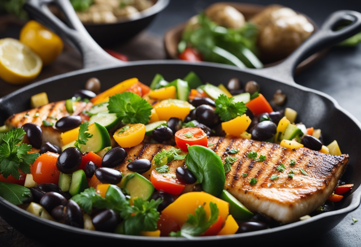 A skillet sizzles as black bean fish is cooked. A platter is prepared with a colorful array of vegetables and the fish is elegantly served
