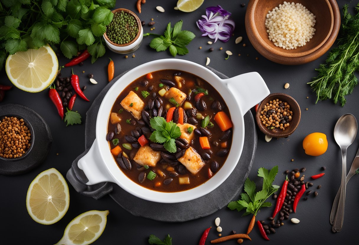 A bowl of black bean fish stew simmering on a stovetop, surrounded by colorful spices and fresh herbs