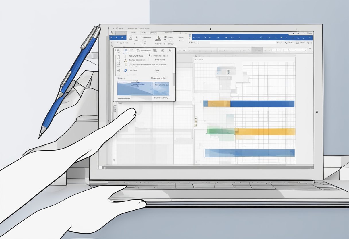 A hand reaching for the "Layout" tab in Microsoft Word, selecting "Orientation," and switching from portrait to landscape mode