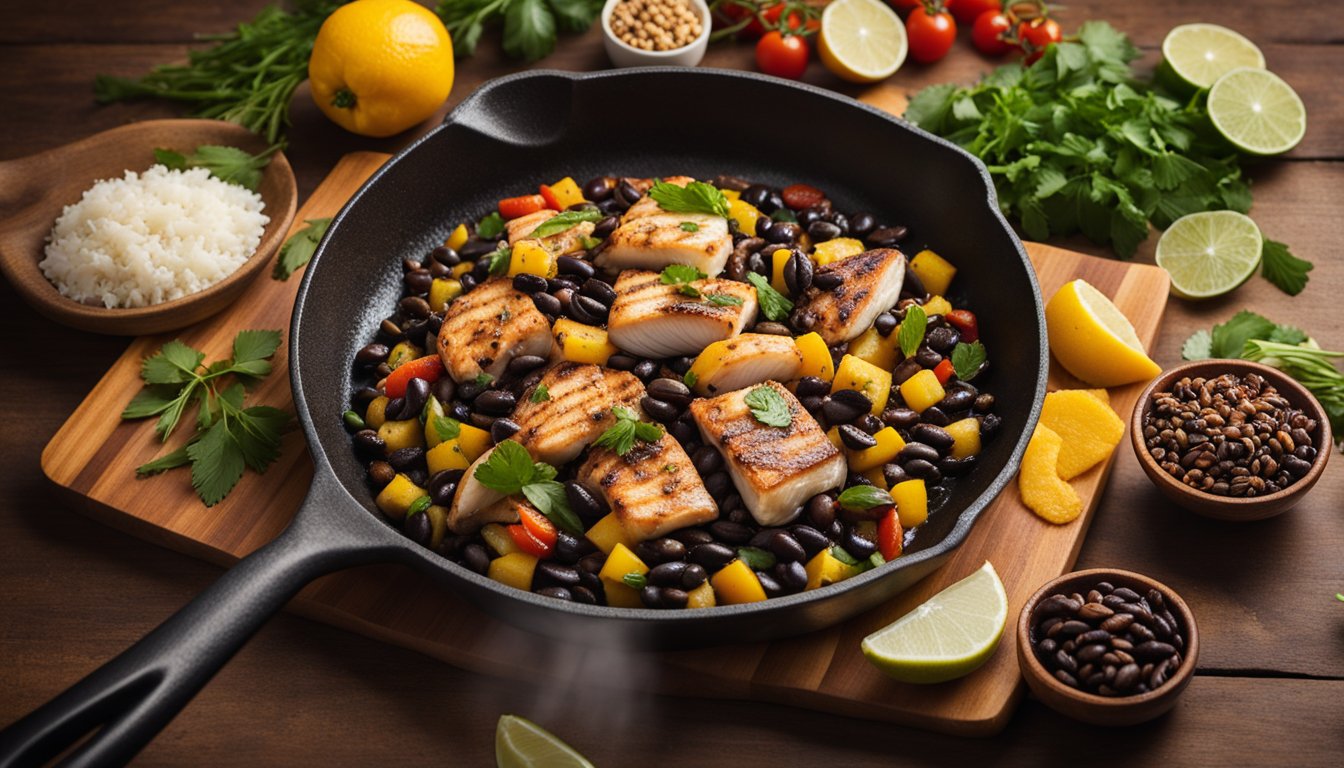 A skillet sizzles with marinated fish and black beans, surrounded by colorful spices and fresh herbs on a wooden cutting board