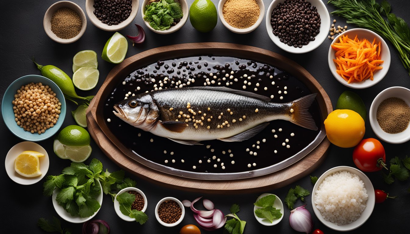 A fish being marinated in black bean sauce, surrounded by various spices and ingredients on a clean kitchen counter