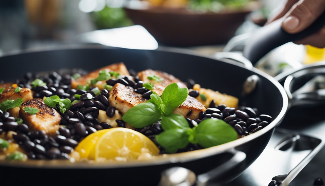 A skillet sizzles as black beans and fish are seared. A chef sprinkles spices and herbs over the dish, adding depth and flavor