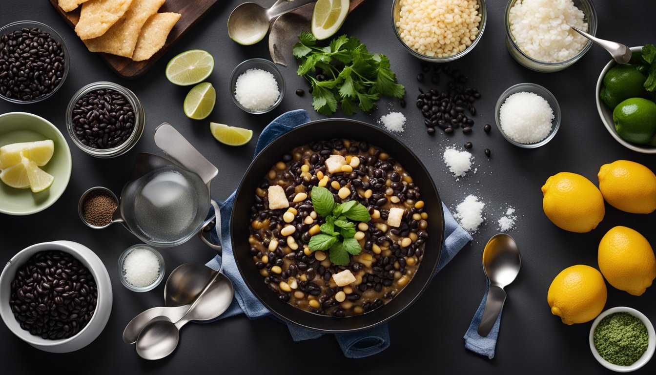 A black bean fish recipe being prepared with ingredients laid out on a clean, organized kitchen counter. A mixing bowl, measuring spoons, and a can of black beans are visible