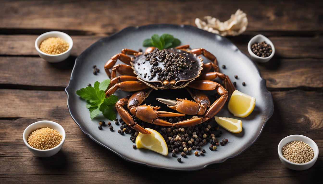 A steaming plate of black pepper crab sits on a rustic wooden table, surrounded by scattered crab shells and a sprinkle of peppercorns