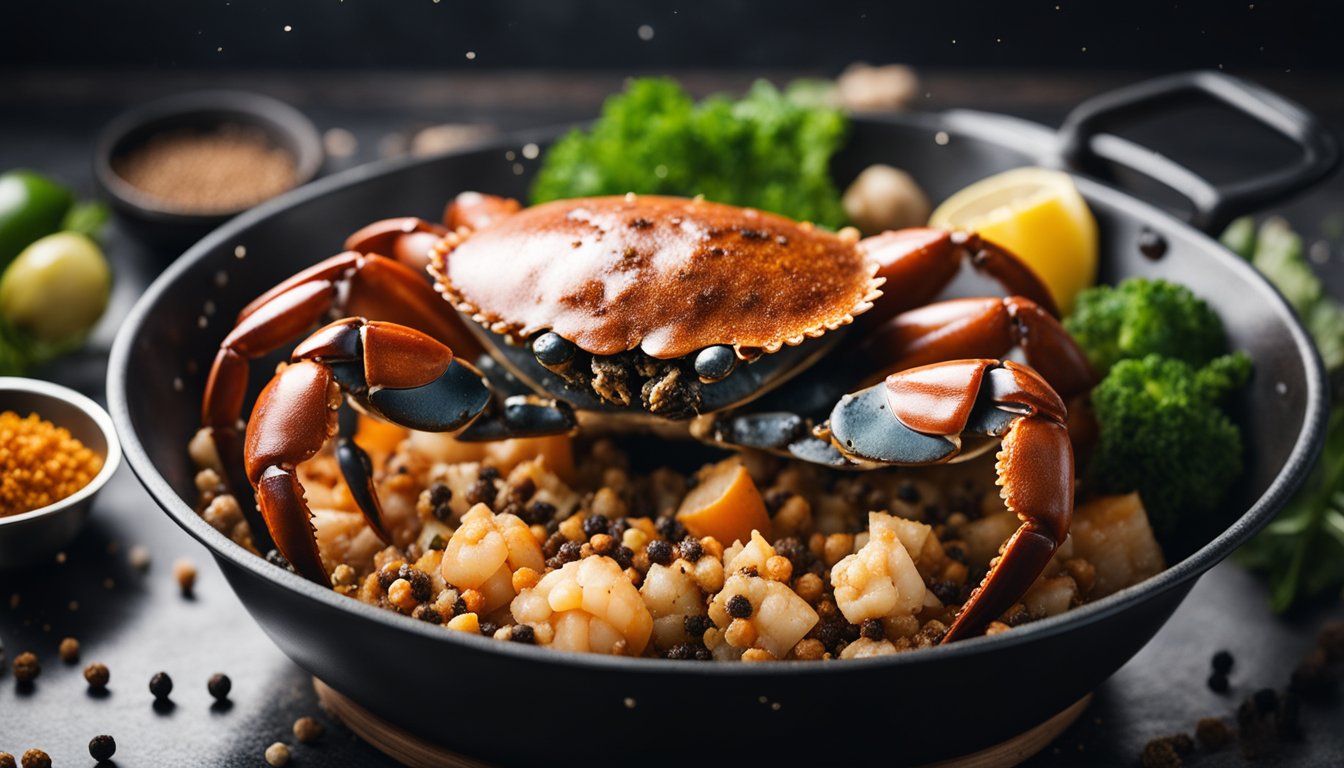 A live crab being coated in a mixture of black pepper and other ingredients before being cooked in a wok
