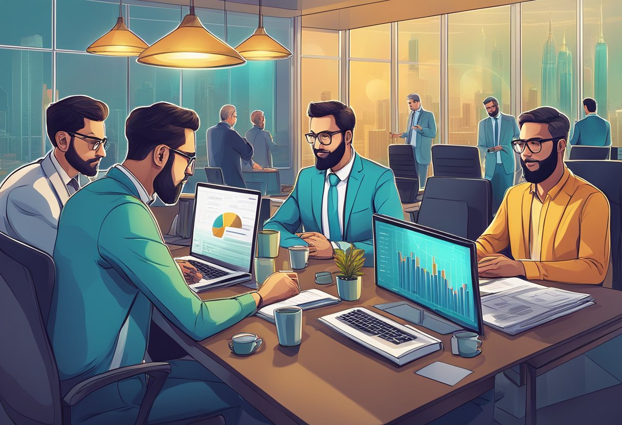 A group of financial experts analyzing halal cryptocurrency investments for potential opportunities
