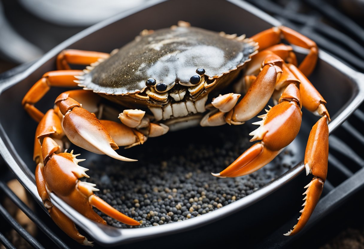 A whole Dungeness crab is being seasoned with black pepper before being cooked in a large pot