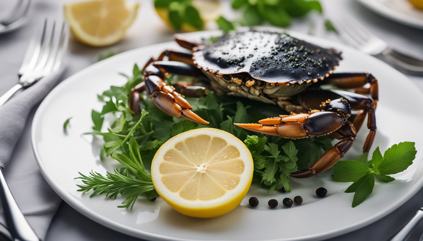A steaming plate of black pepper crab sits on a white tablecloth, garnished with fresh herbs and surrounded by lemon wedges