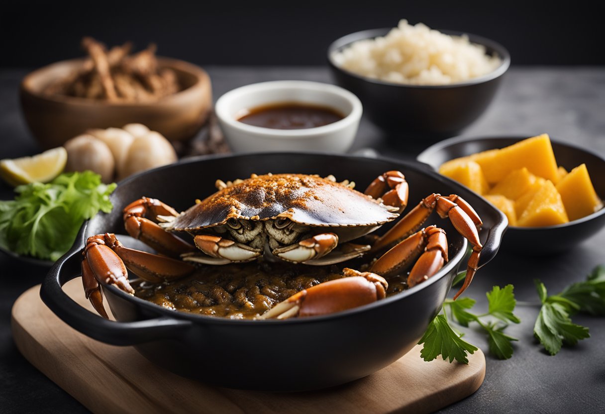A large dungeness crab being smothered in a rich black pepper sauce, with the ingredients of the sauce being mixed together in a bowl nearby