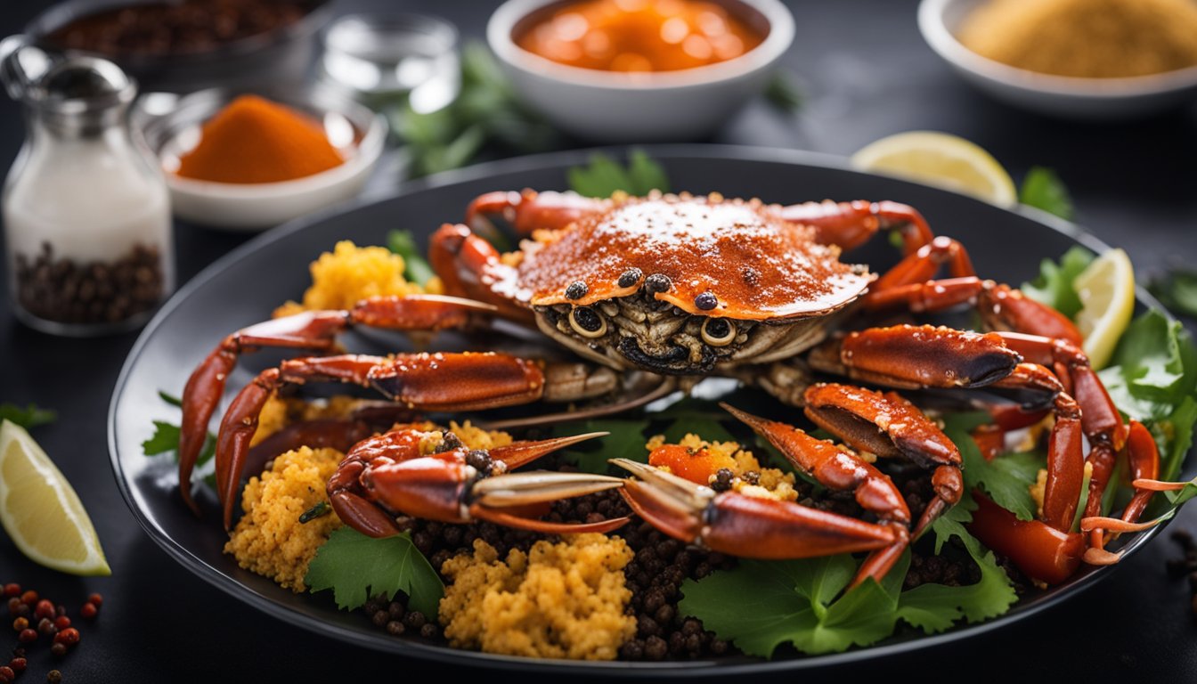 A steaming plate of black pepper crab, surrounded by fragrant spices and a side of chili sauce