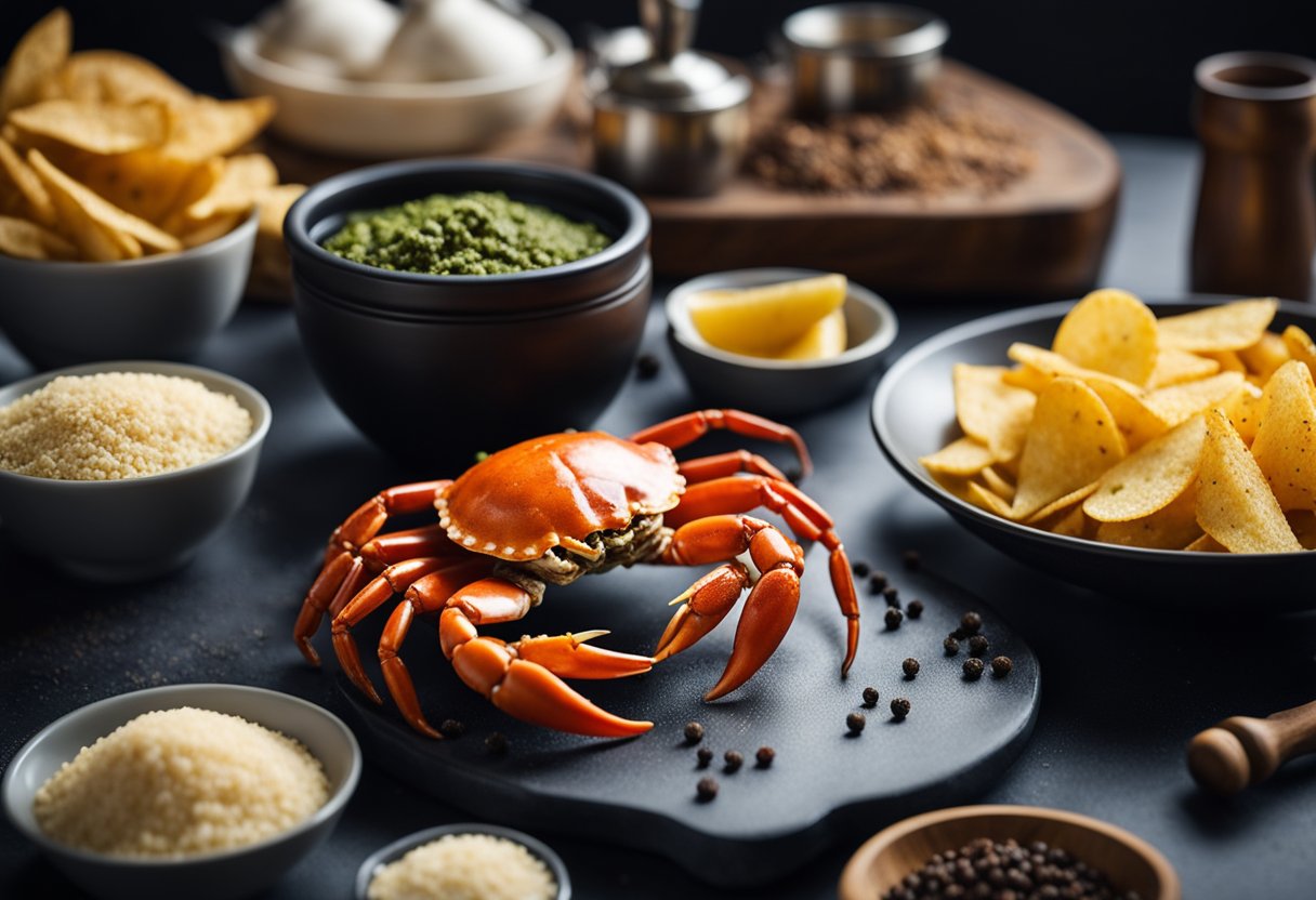 A table set with ingredients: crab, black pepper, and chips. A mortar and pestle for grinding pepper. A stove with a pan for cooking