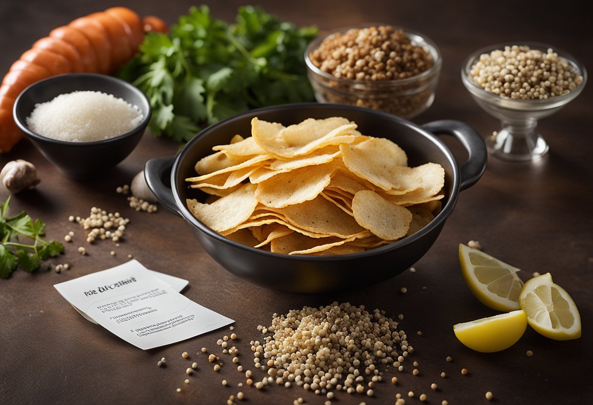 A pile of black pepper crab chips surrounded by scattered ingredients and a recipe card, with a steaming pot in the background