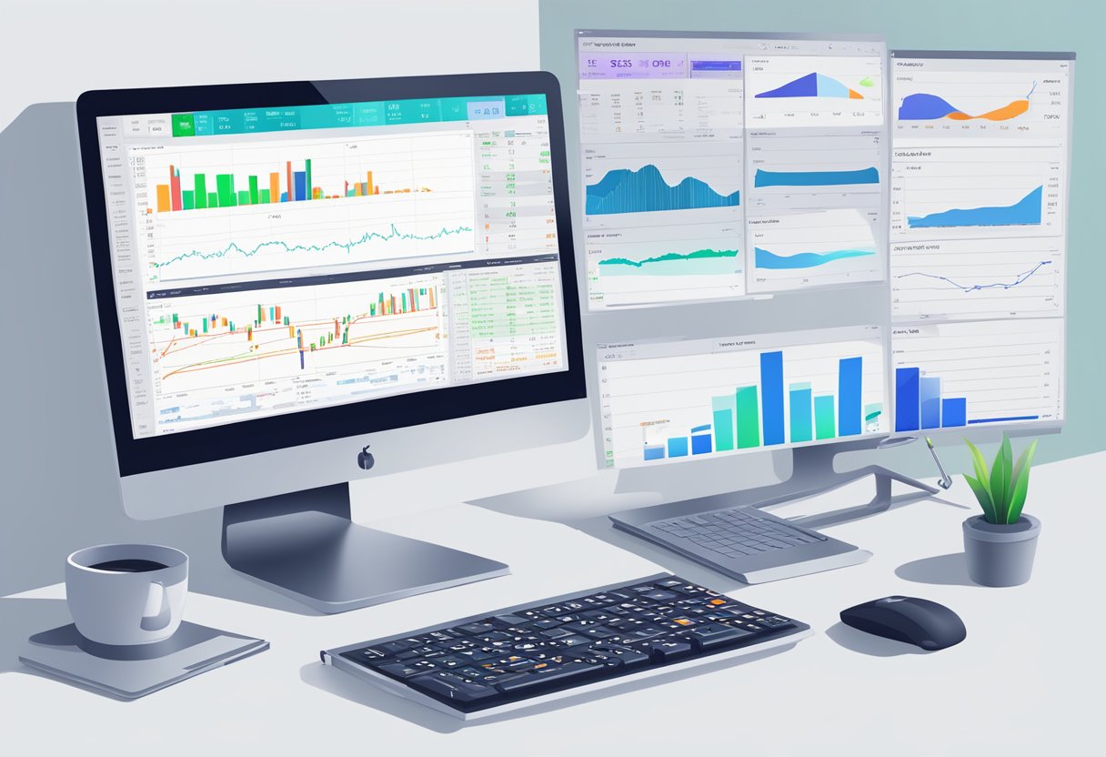 A computer screen displaying IQ Option trading platform with various charts and graphs, alongside a calculator and a list of trading costs and fees