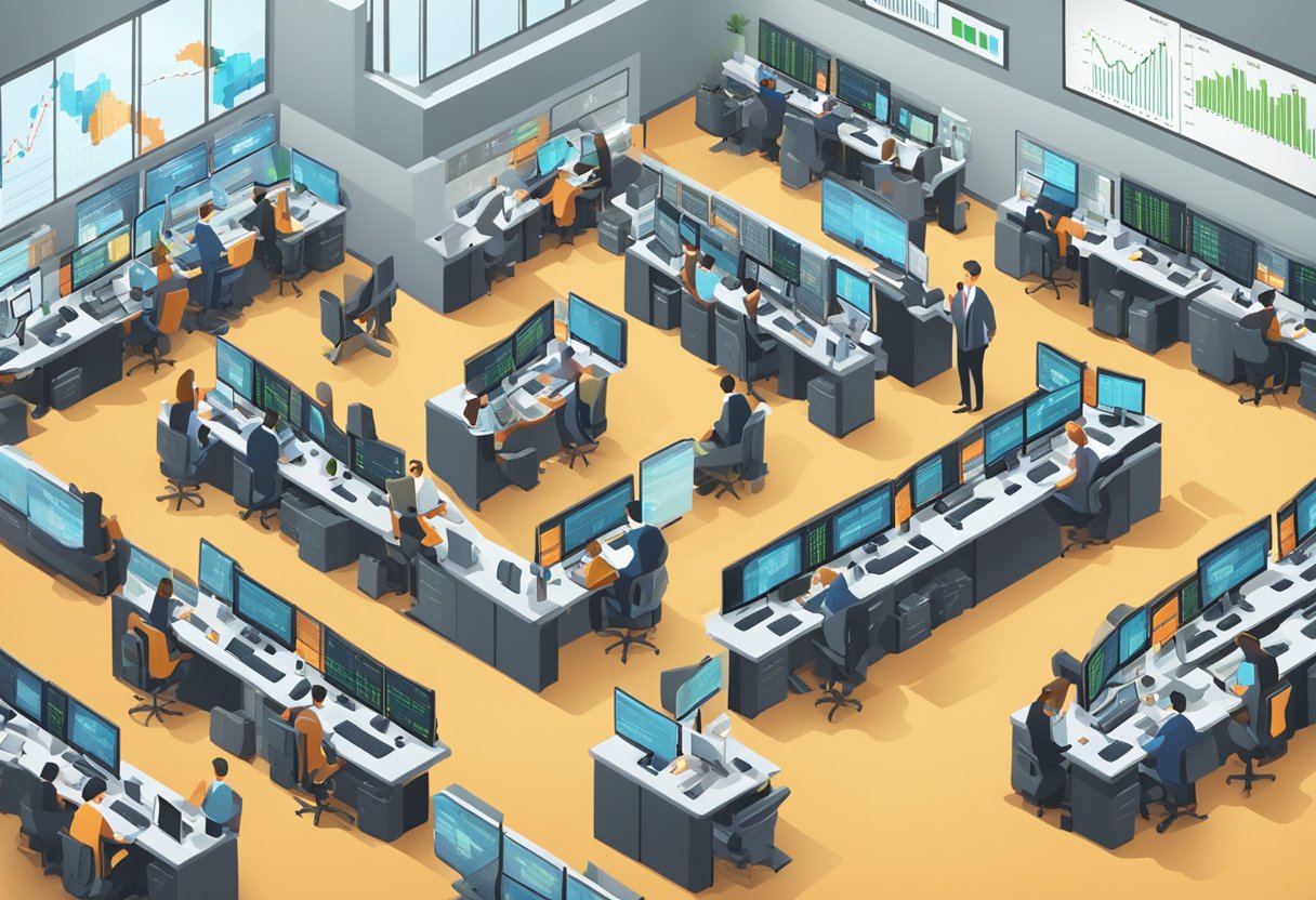 A bustling trading floor with screens showing IQ Option reviews and reputation. Traders busy at work, analyzing charts and making binary options and forex trades