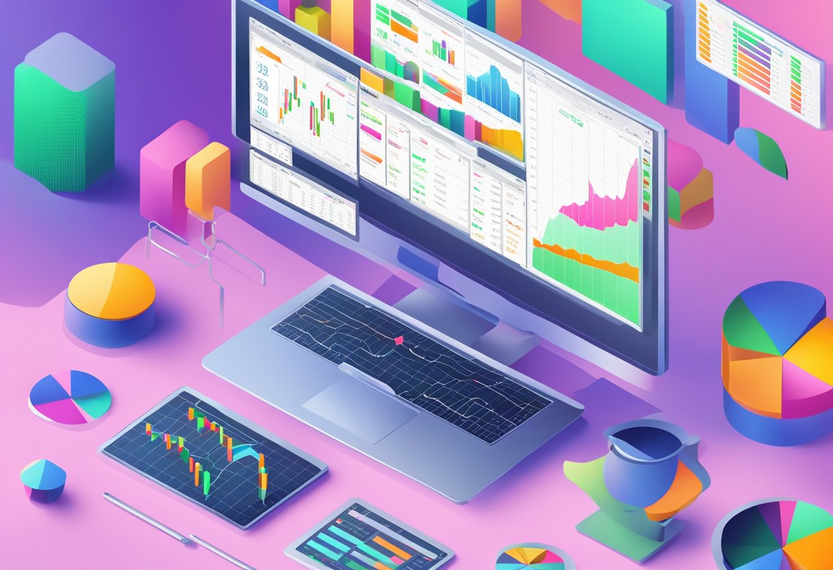 A computer screen showing IQ Option platform with charts and trading options. Bright colors and clear interface