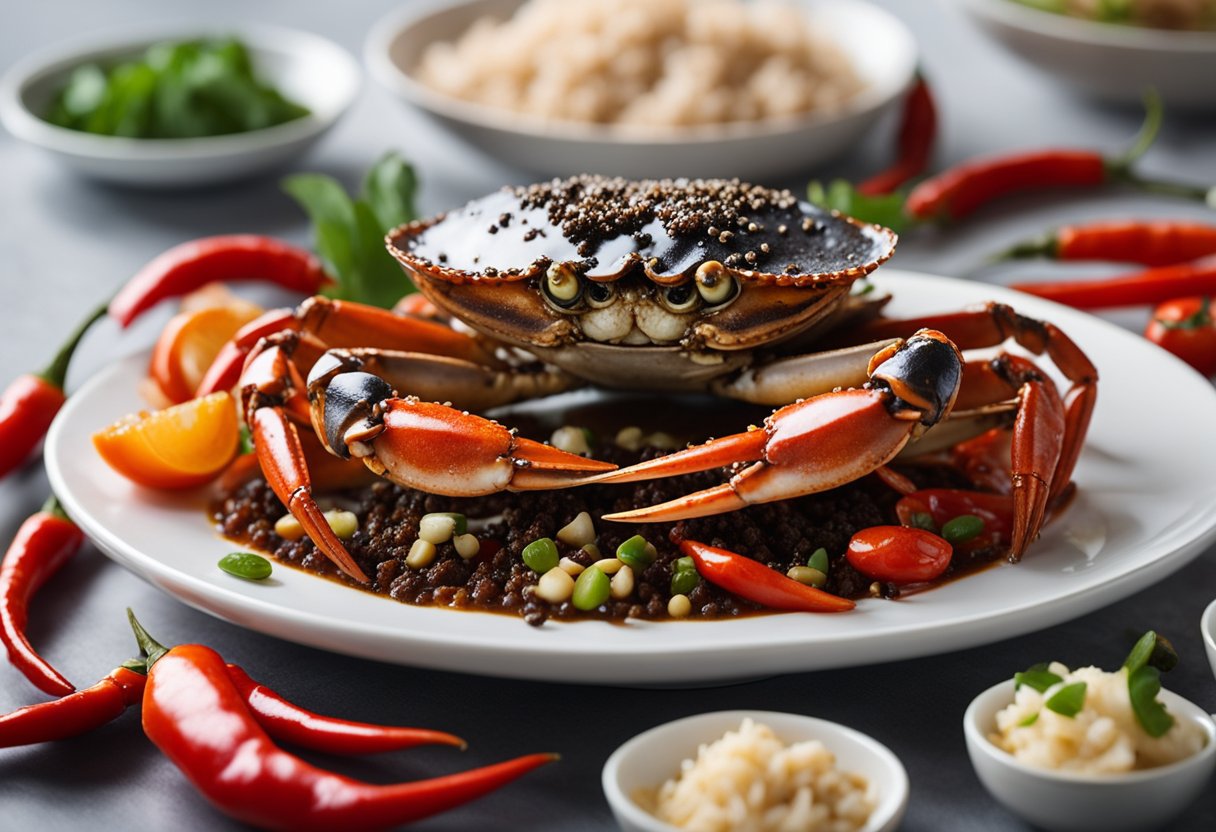 A steaming plate of black pepper crab sits on a white table, surrounded by chili and garlic. The crab's shell glistens with peppery sauce