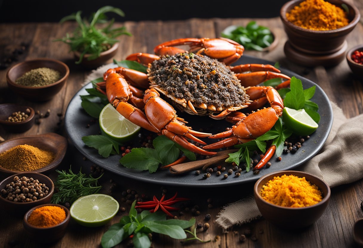A steaming plate of black pepper crab sits on a rustic wooden table, surrounded by vibrant spices and herbs. The aroma of the dish wafts through the air, enticing onlookers with its rich and spicy scent
