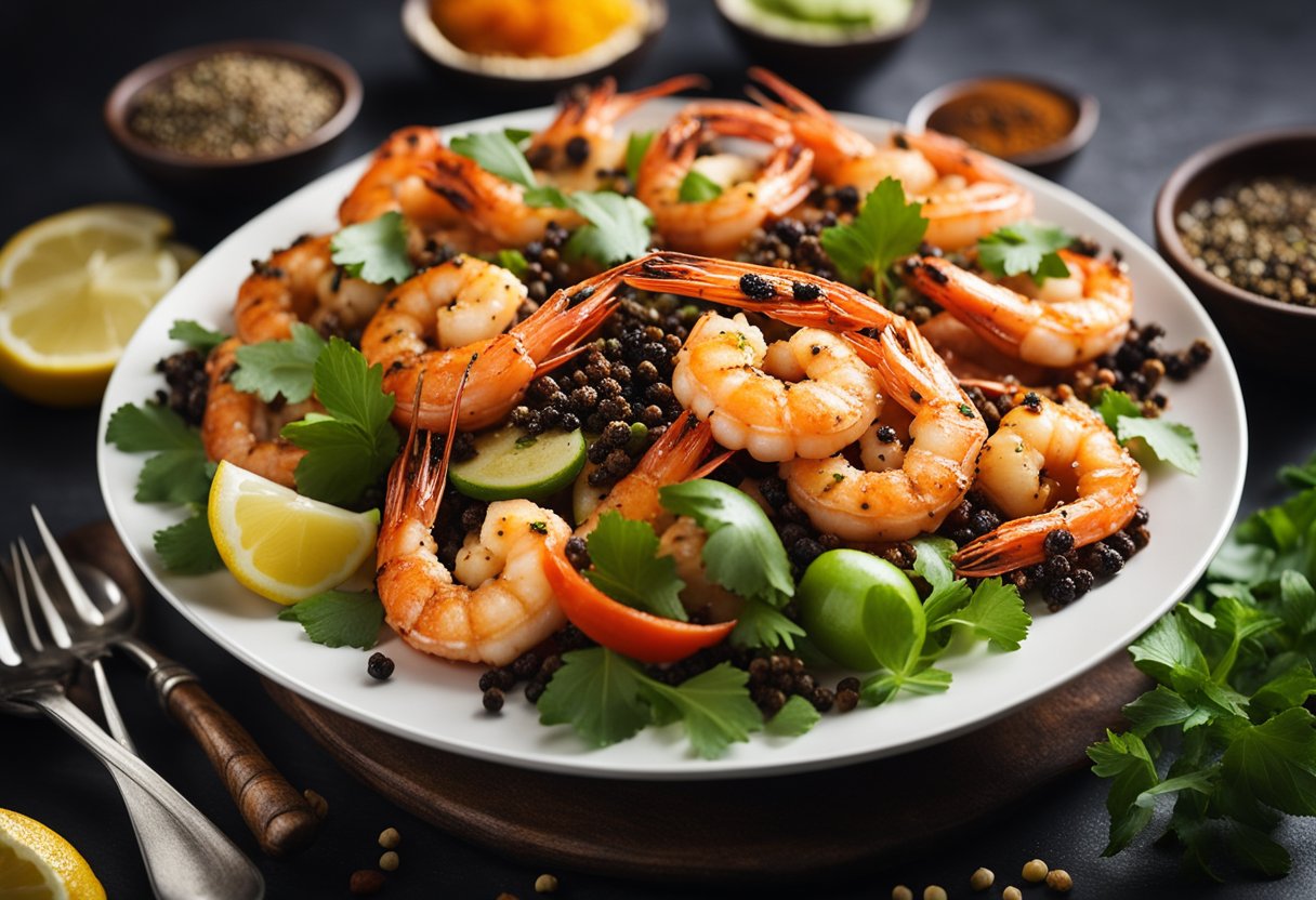 A sizzling pan of black pepper prawns, surrounded by vibrant ingredients and aromatic spices