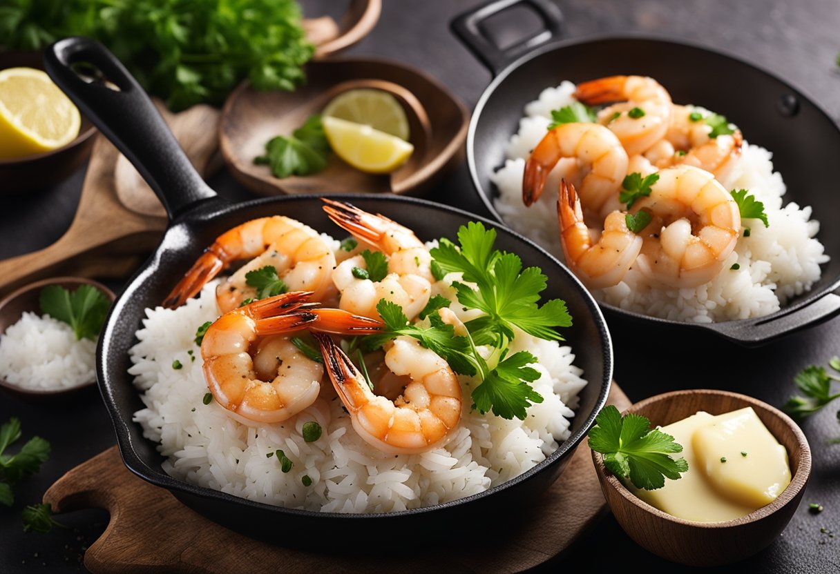 Prawns sizzling in a hot pan with black pepper, garlic, and butter. Garnished with fresh parsley and served on a bed of steamed rice