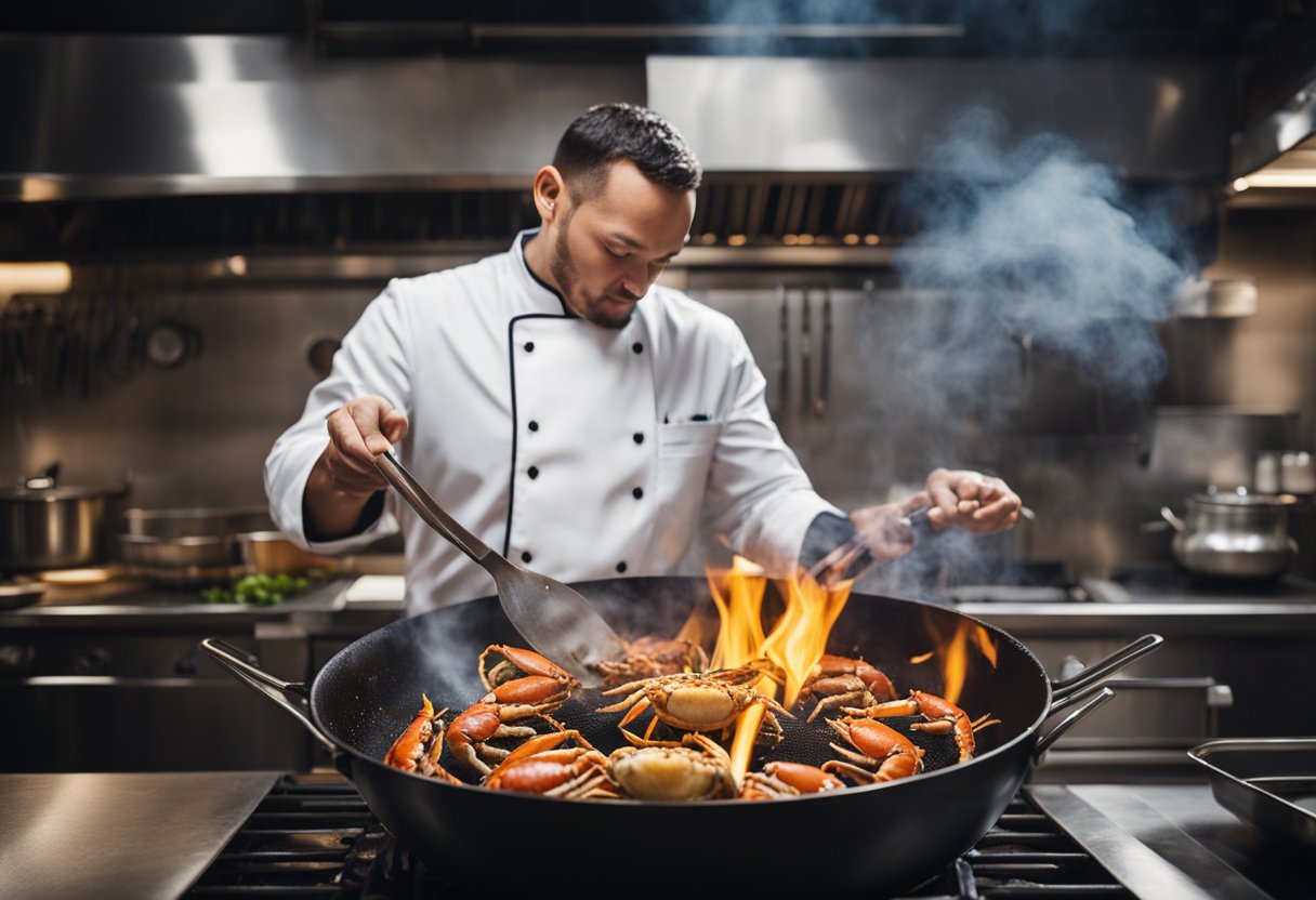 A chef tosses live crabs in a wok with black pepper, garlic, and other seasonings, sizzling over a hot flame