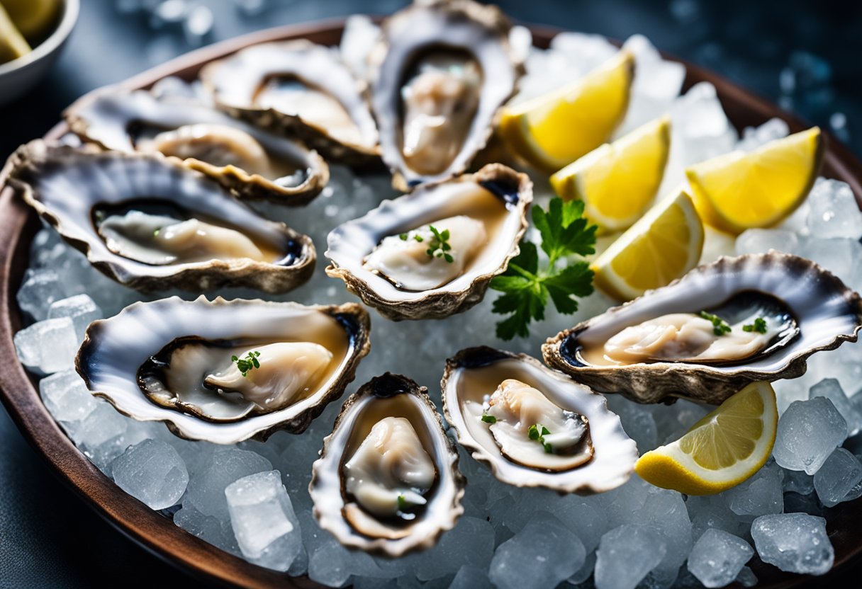 A plate of freshly shucked bluff oysters, garnished with lemon wedges and served on a bed of ice