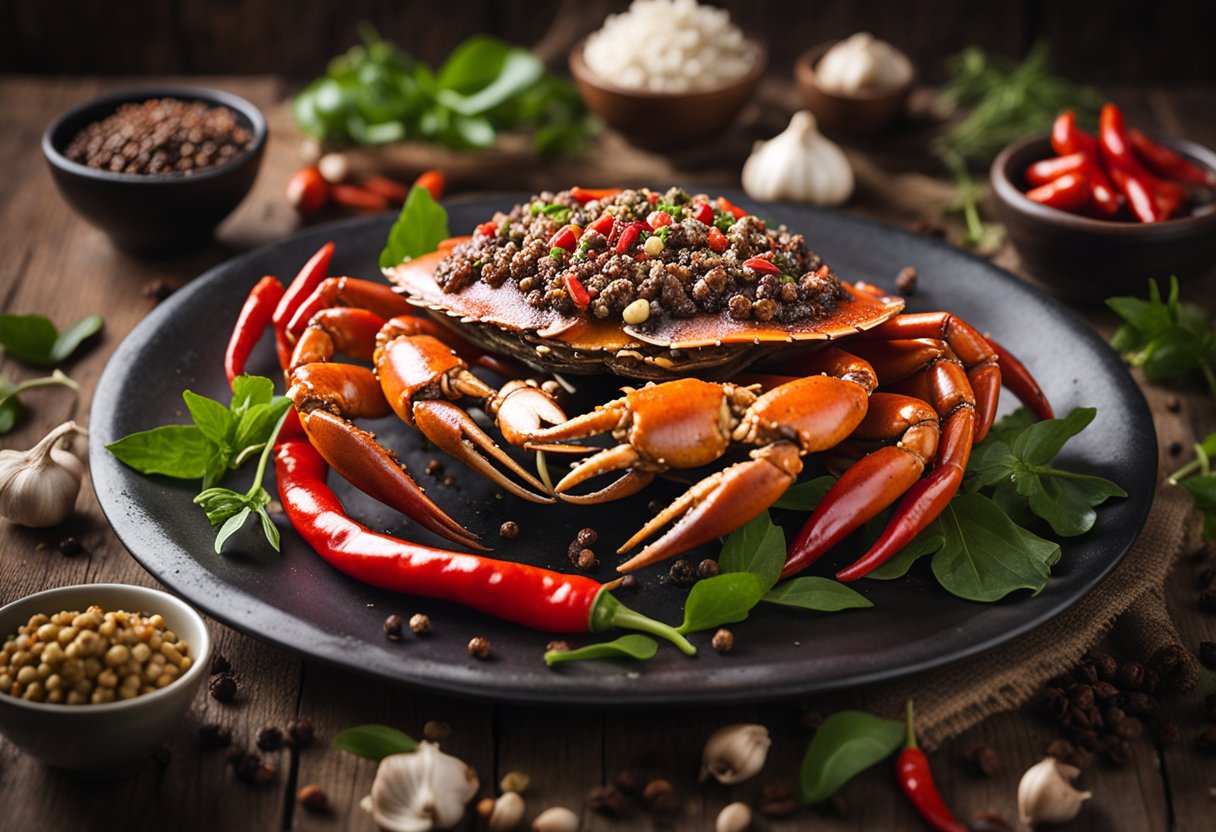 A steaming plate of black pepper crab surrounded by chili peppers and garlic cloves on a rustic wooden table
