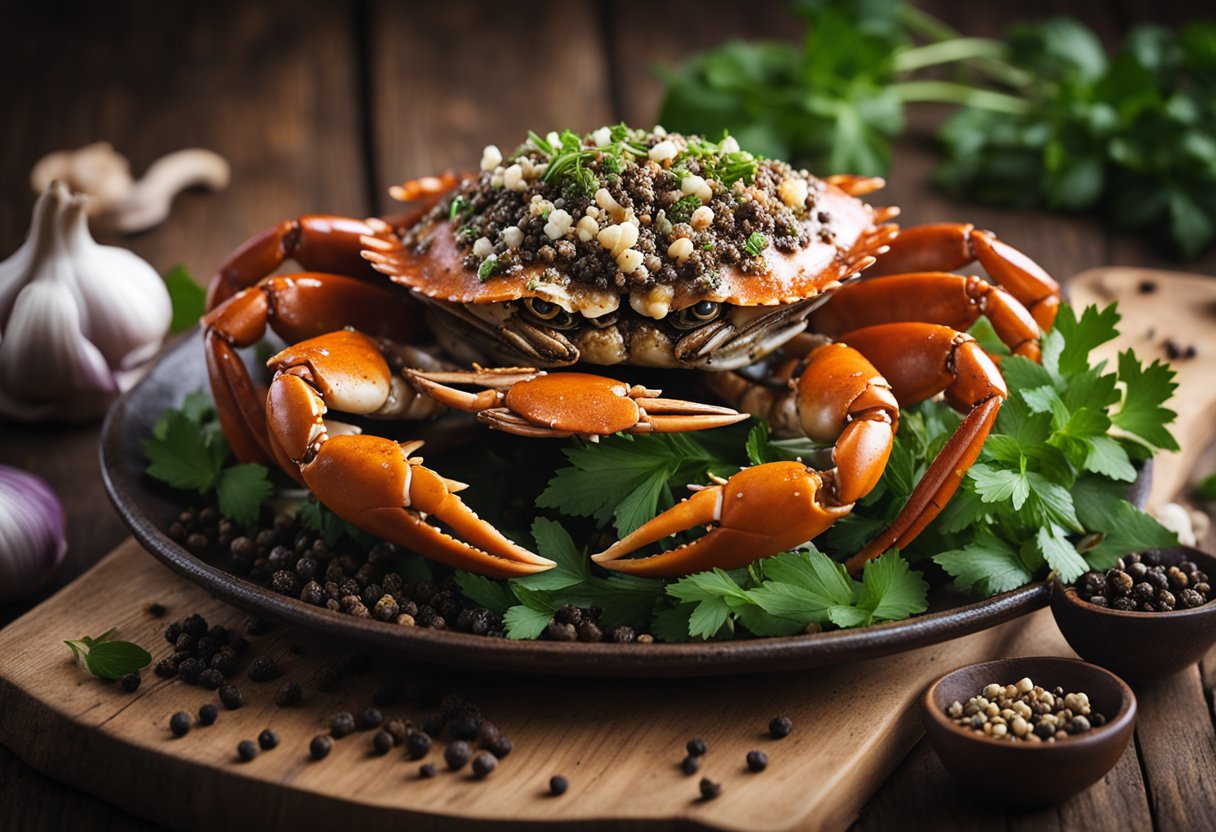 A steaming hot black pepper crab dish, surrounded by cracked black pepper, garlic, and fresh herbs, sits on a rustic wooden table