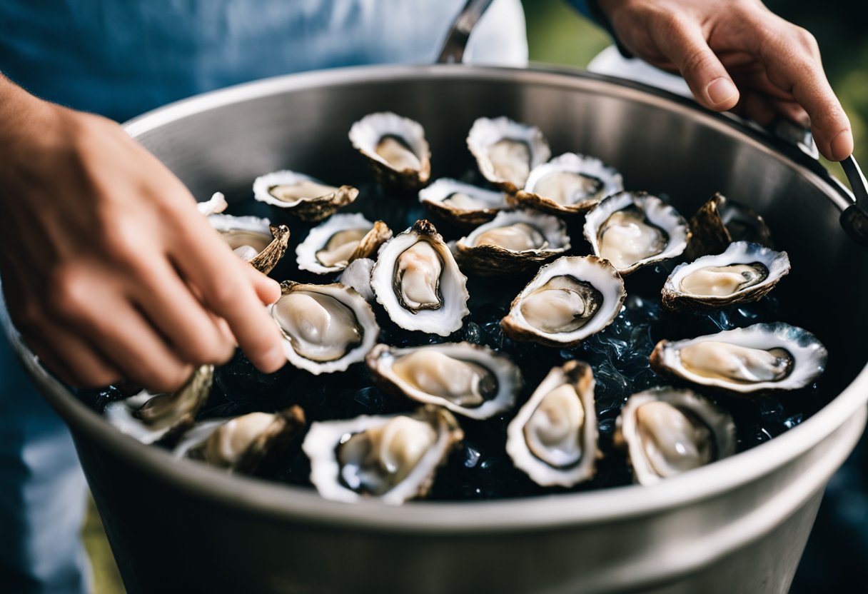 A hand reaches into a bucket of water, pulling out fresh bluff oysters. They are then shucked and prepared for a traditional New Zealand recipe