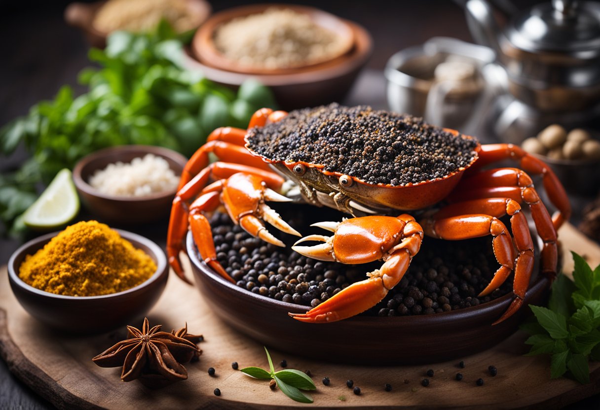 A steaming pot of black pepper crab surrounded by traditional spices and fresh ingredients