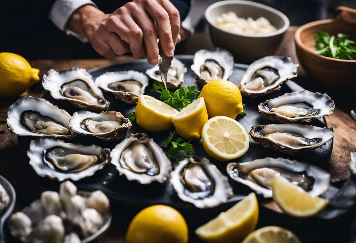 A chef prepares fresh Bluff oysters with ingredients like lemon, garlic, and butter in a coastal kitchen