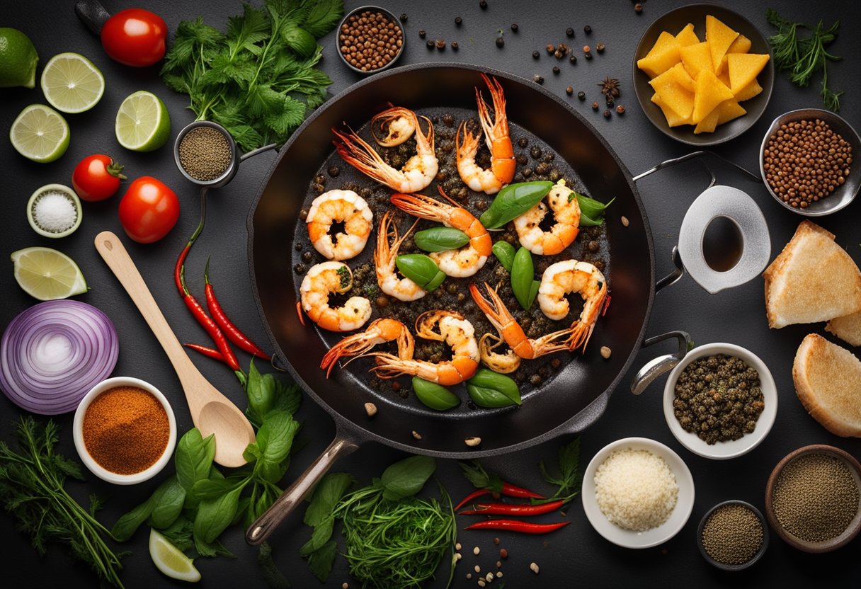 A sizzling pan of black pepper prawns with vibrant spices and herbs, surrounded by fresh ingredients and cooking utensils