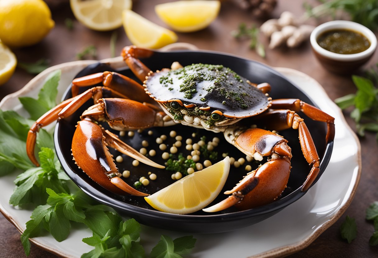 A steaming hot black pepper crab dish, surrounded by a variety of spices and herbs, with a side of lemon wedges and a bowl of dipping sauce