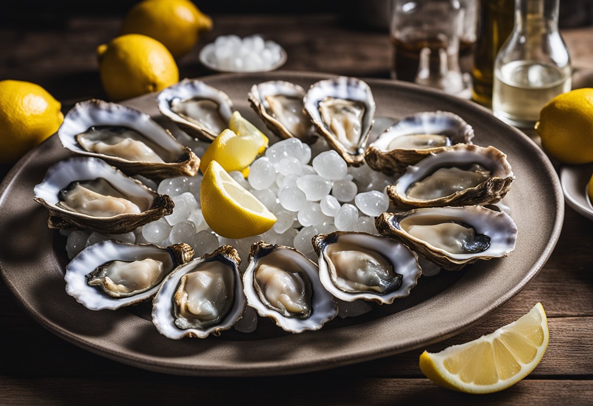 A rustic kitchen table with a platter of freshly shucked bluff oysters, surrounded by lemon wedges, a bottle of hot sauce, and a stack of empty shells