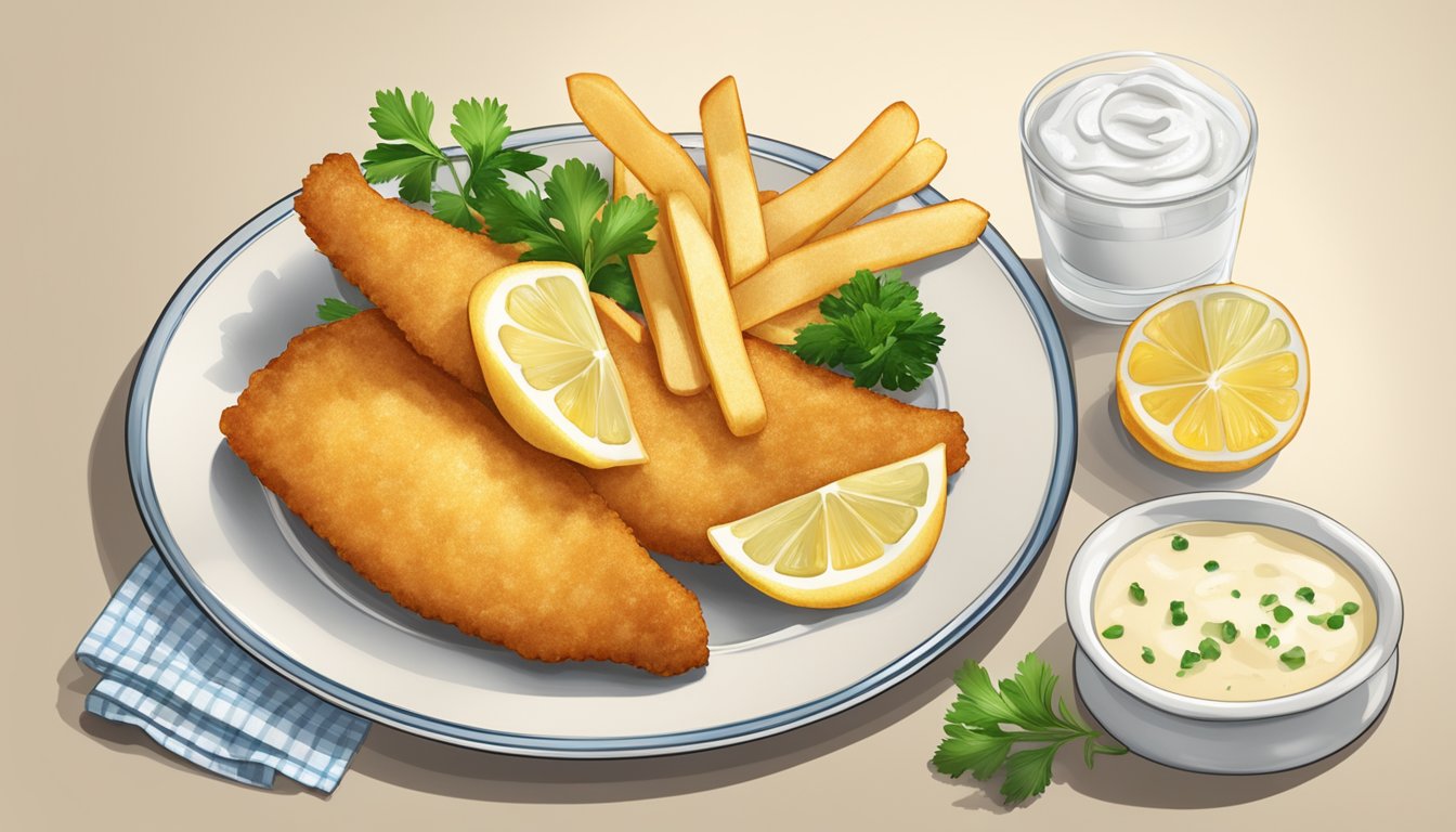 A plate of golden-brown fish and chips with a side of tartar sauce, garnished with a slice of lemon and a sprig of parsley