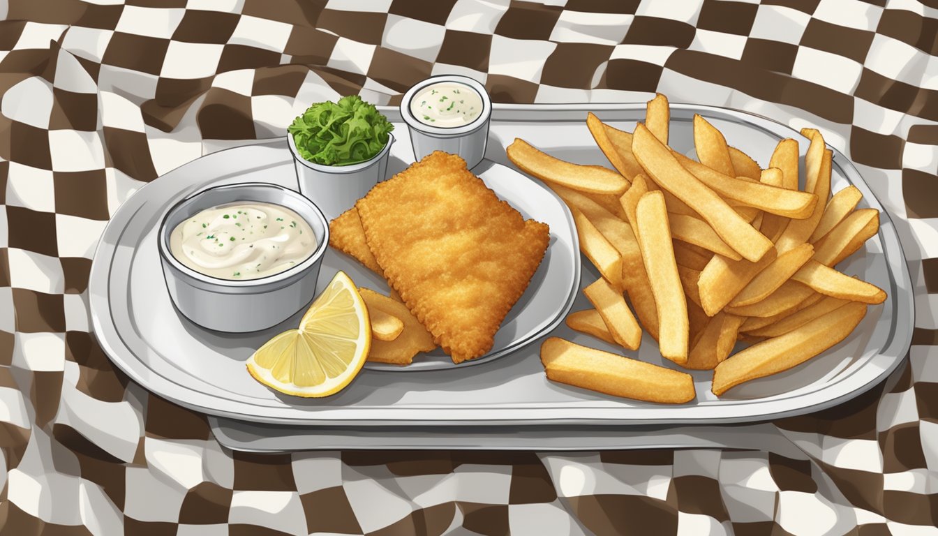 A plate of golden-brown fish and chips with a side of tartar sauce and a slice of lemon, served on a checkered tablecloth