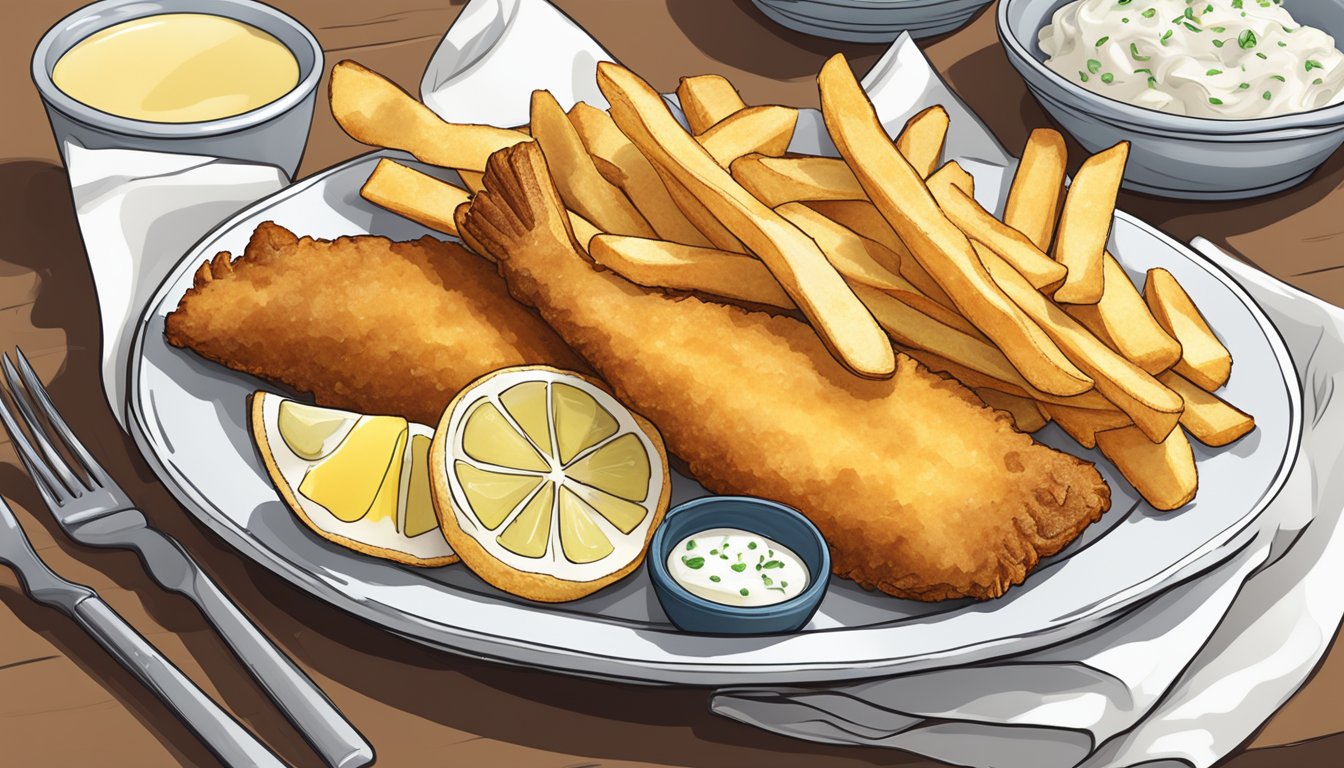 A plate of golden-brown fish and chips with a side of tartar sauce, accompanied by a stack of napkins and a lemon wedge