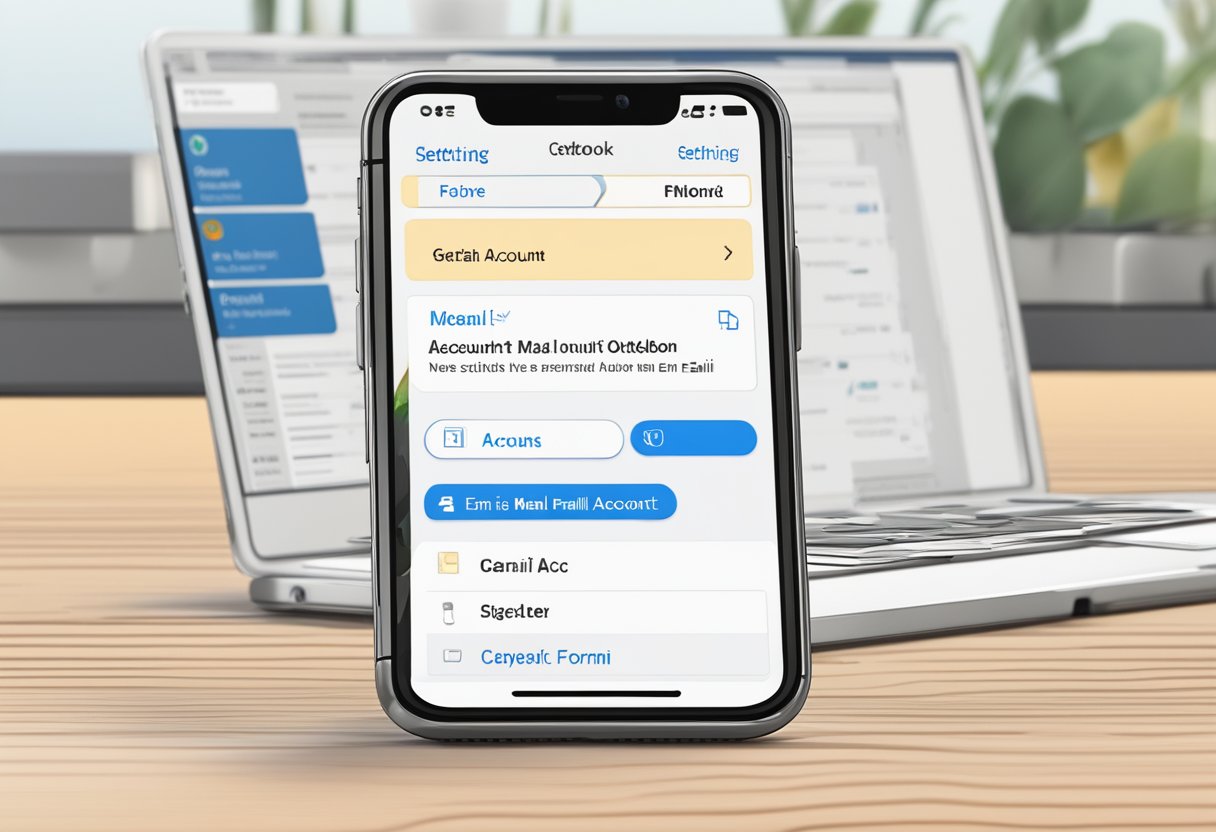 An iPhone screen displays the "Settings" menu open, with the "Mail" option selected. A new email account form is shown, with "Outlook" selected as the email provider