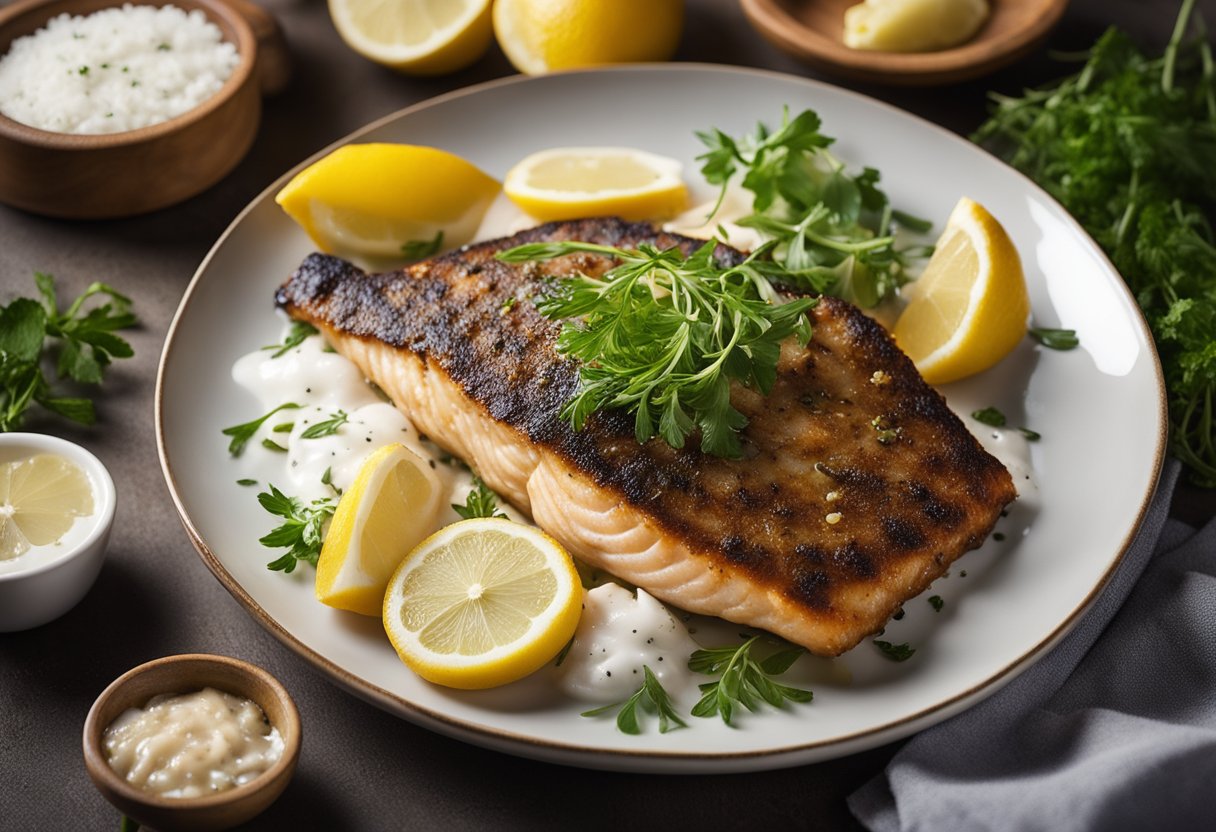 A golden-brown fish fillet sizzles in a hot pan, surrounded by herbs and lemon wedges. A plate is set with a crispy fillet, garnished with fresh herbs and a side of tartar sauce