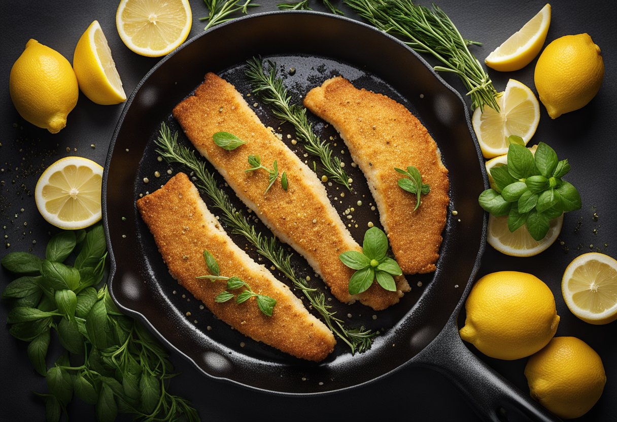 A golden-brown breaded fish fillet sizzling in a skillet, surrounded by a sprinkle of herbs and a squeeze of lemon